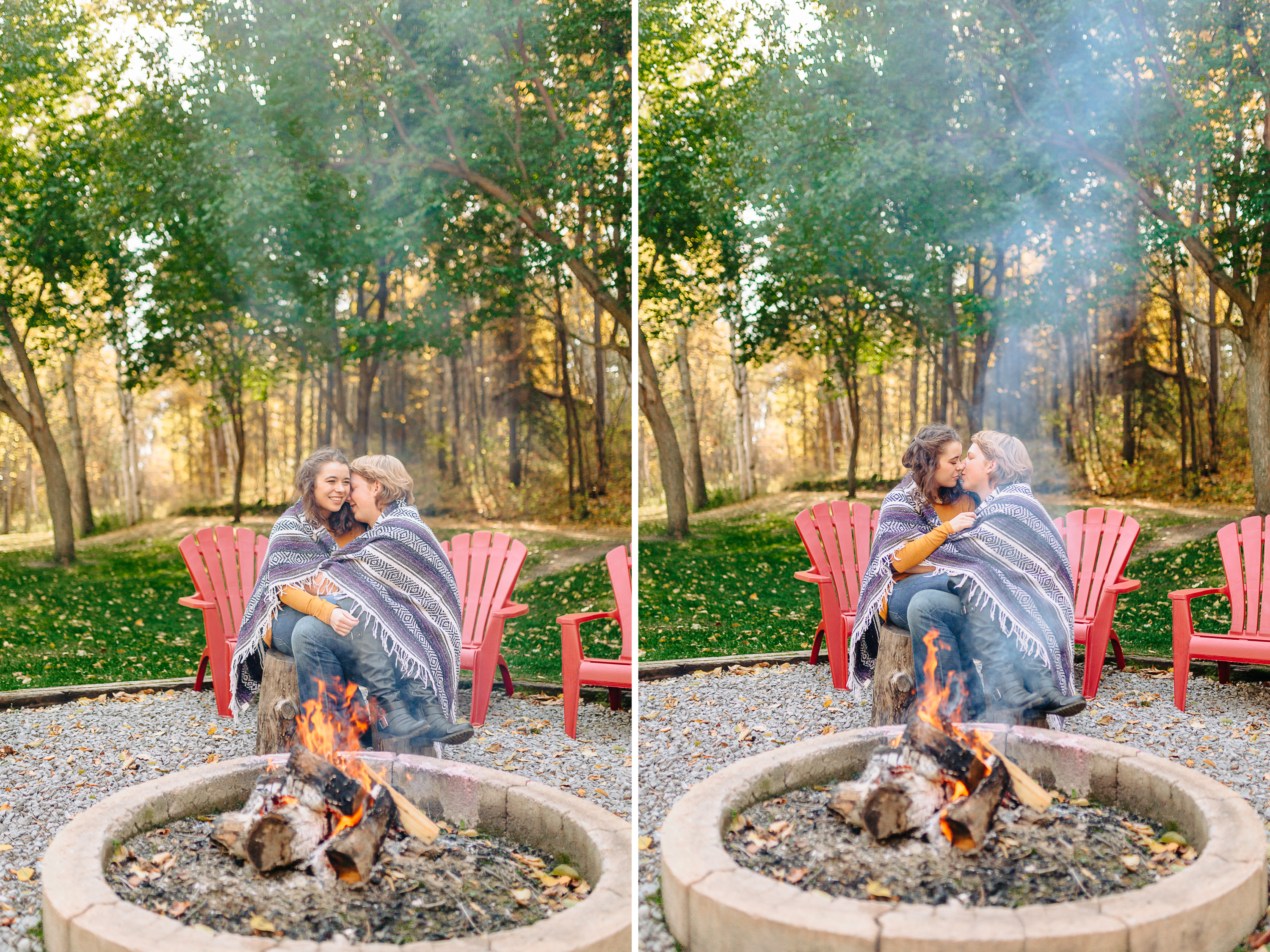 engagement photos in the fall with fire pit and smoke red adirondack chairs