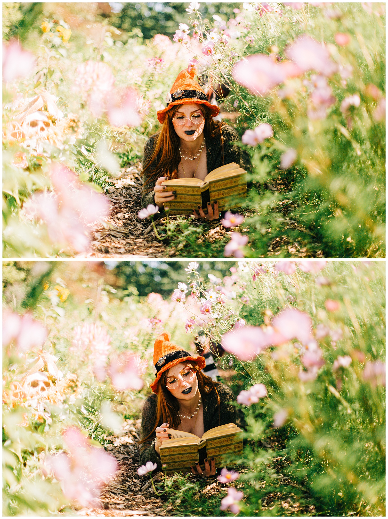 Cosplay Witch laying in a flower garden reading a book