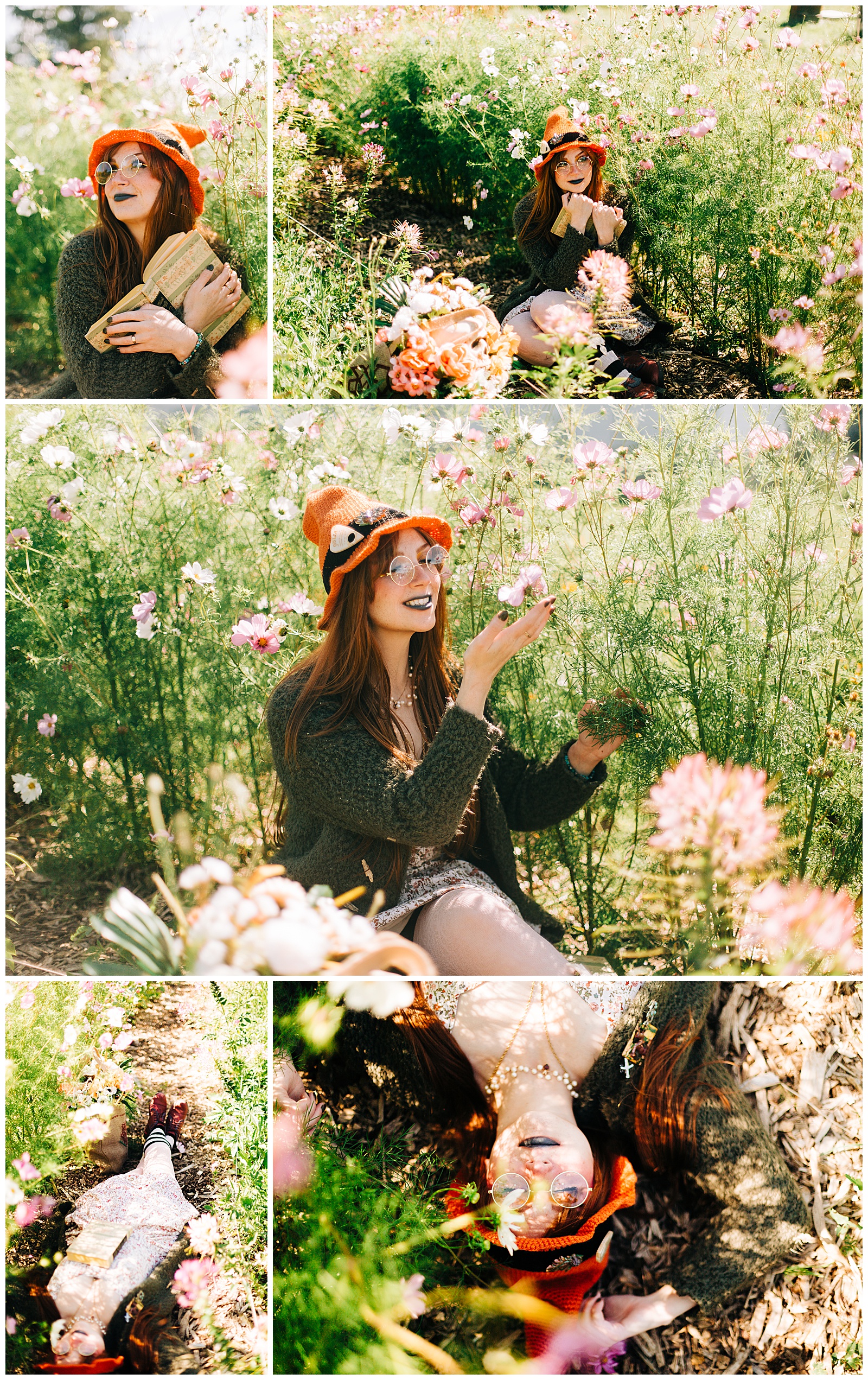 Cosplay Witch laying in a flower garden holding a book