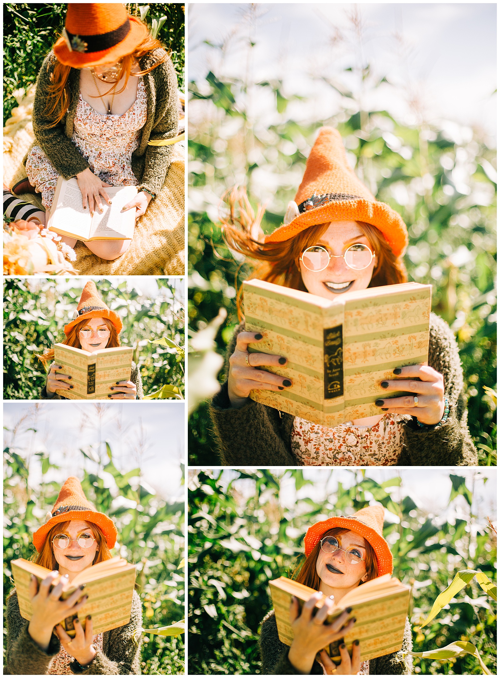 Cosplay Witch laying in a corn maze reading a book