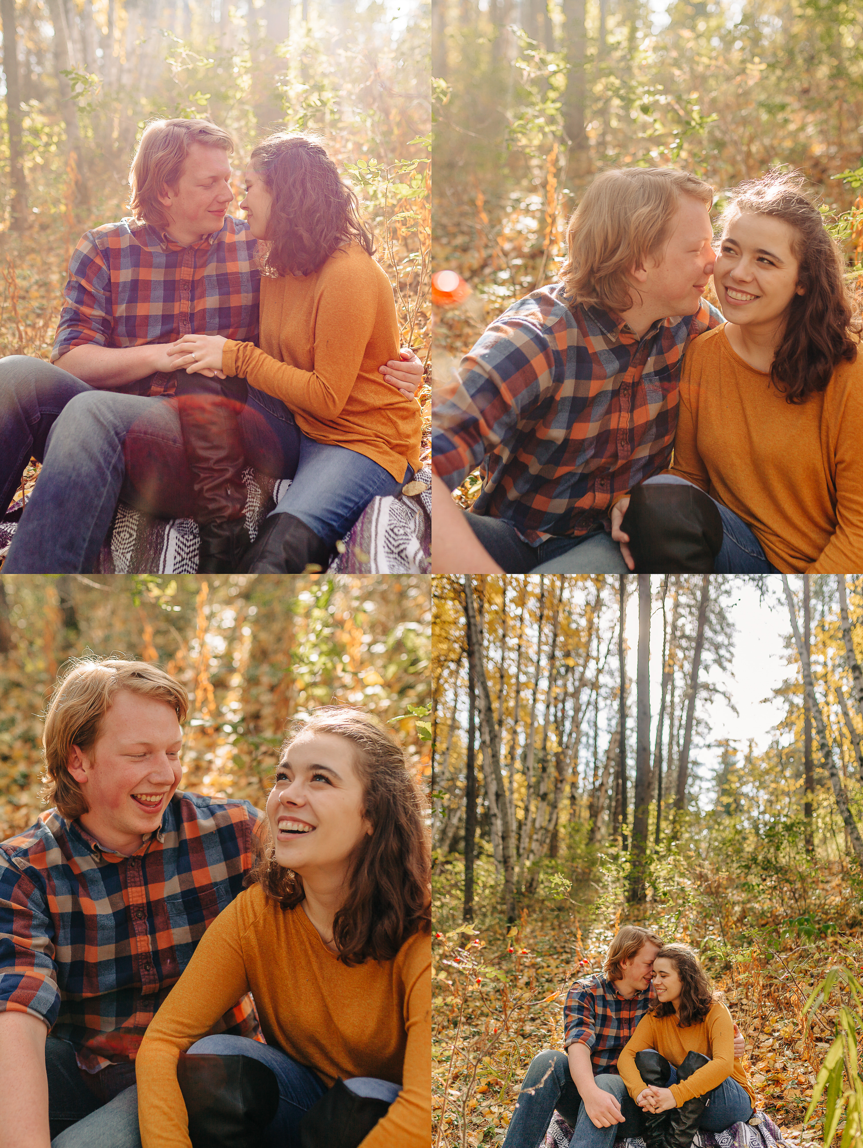 engagement photos golden hour cuddling in trees