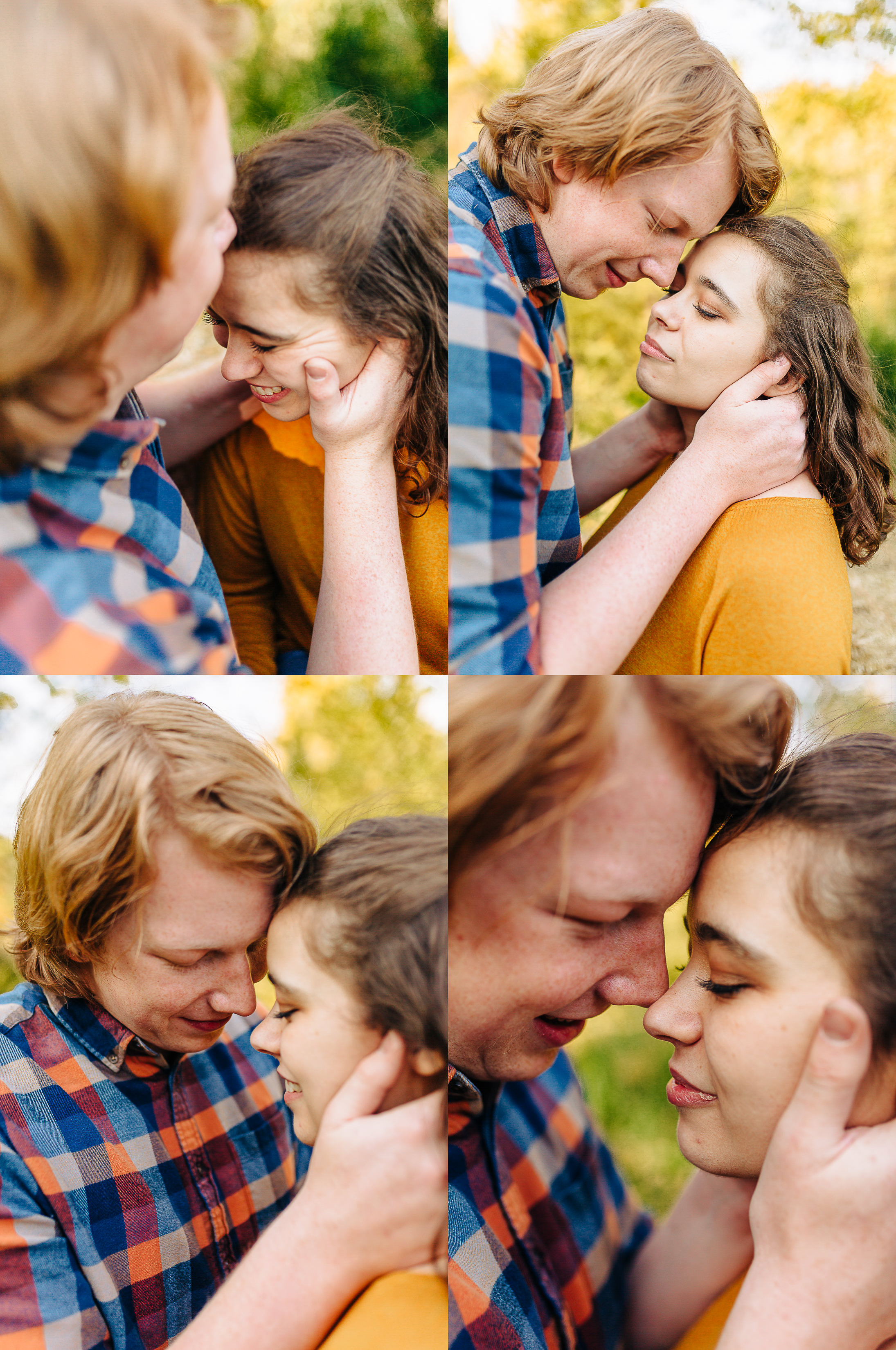 golden hour engagement photos holding her face and nuzzling noses