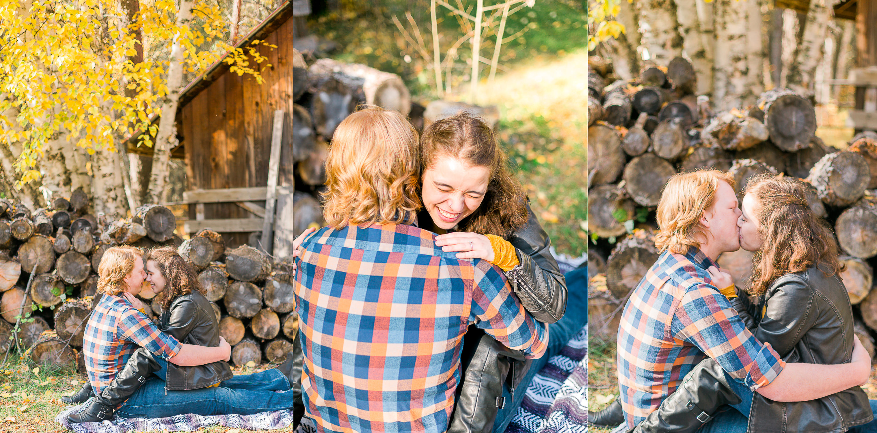 engagement photos with logs in background