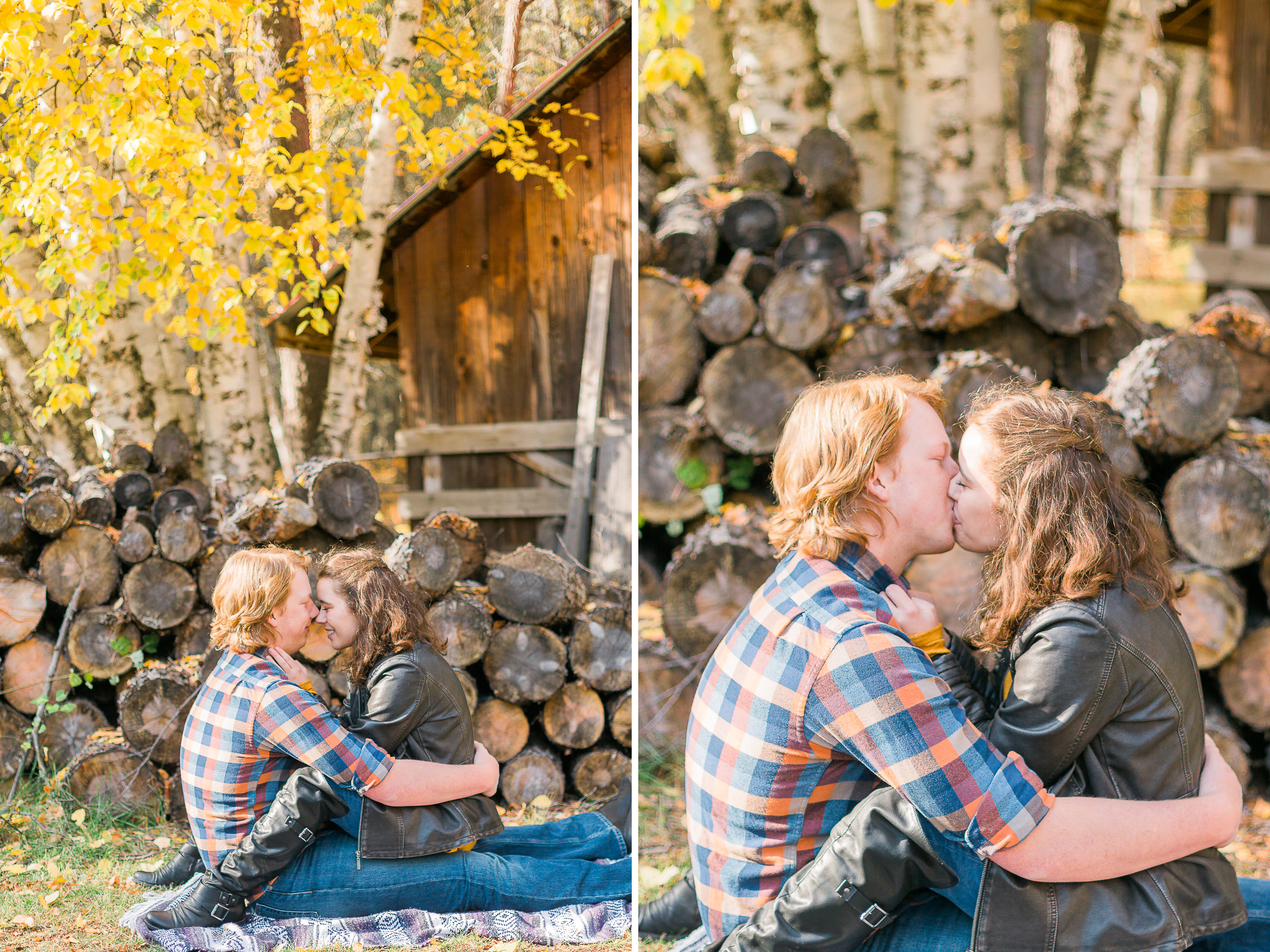cuddling for engagement photos with logs in background