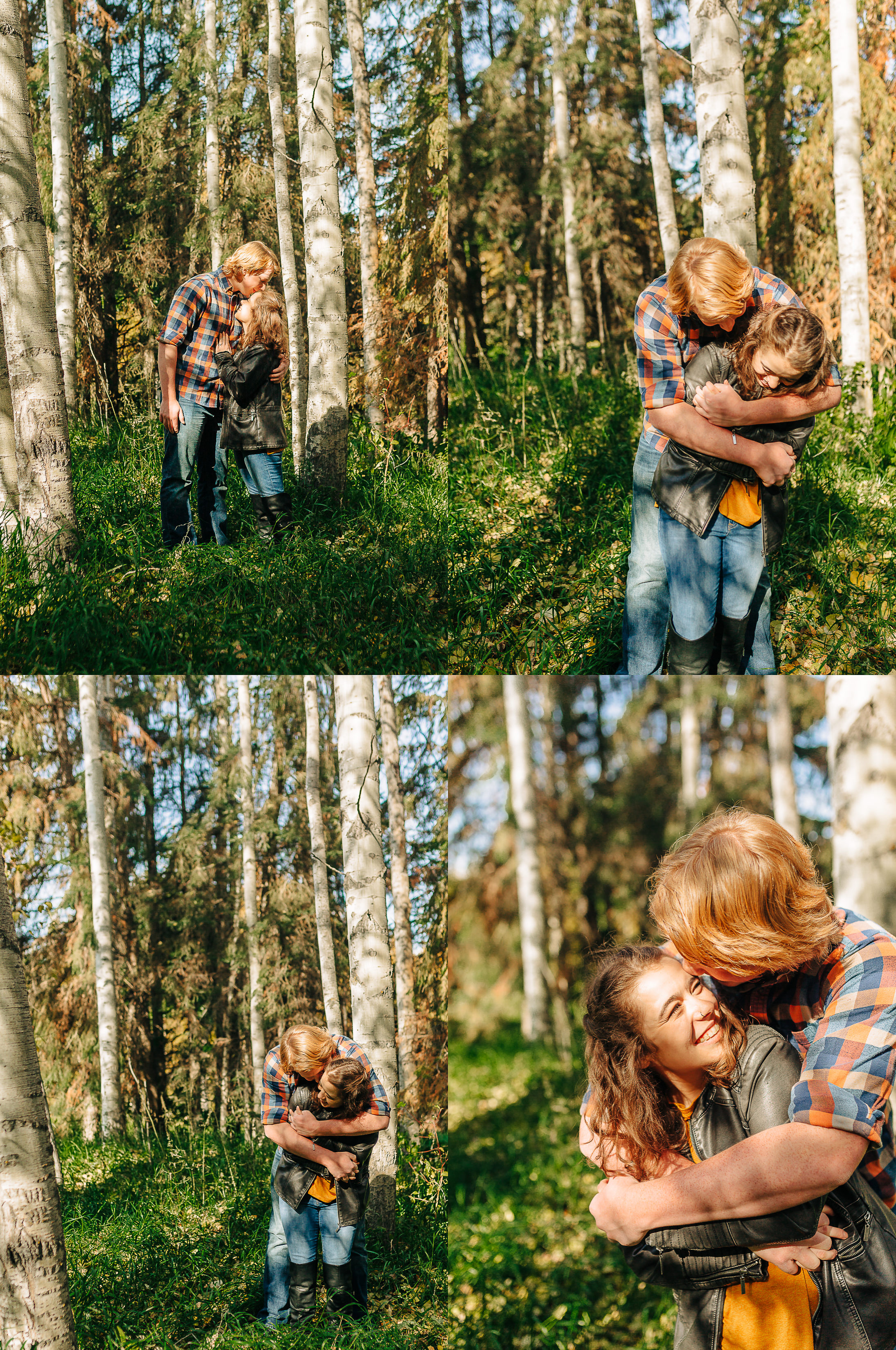 standing in trees engagement photos leather jacket and plaid
